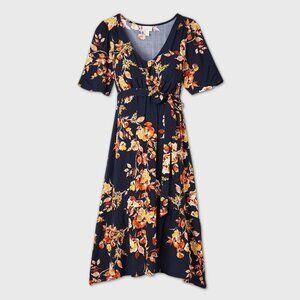 NWT Ingrid and Isabel Maternity L Floral Dress Navy Blue Short Sleeve Tie Waist